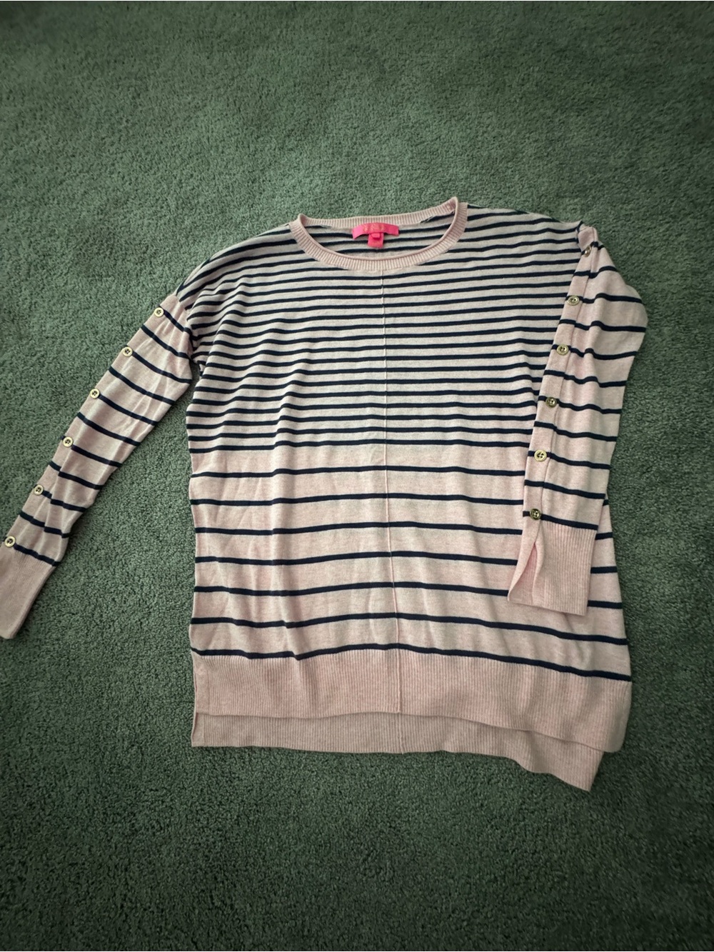 Lilly Pulitzer Striped Crewneck Button-Sleeve Sweater in Light Pink and Navy